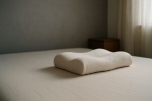 段差のある枕が、朝の光の入る寝室のベッドに置かれている様子