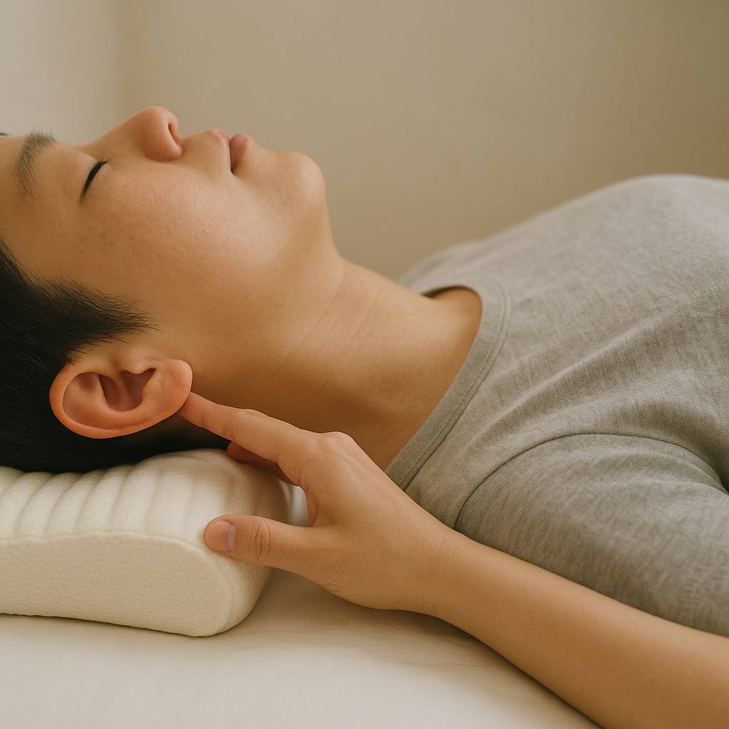 段差のある枕に横になり、くぼみと耳の位置を手で確かめているところ