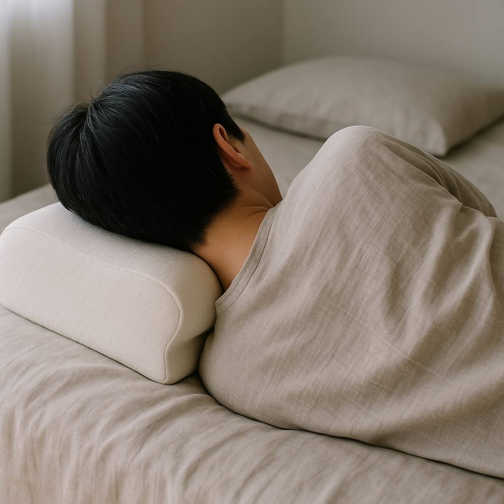 横向きに寝た人の肩が、枕の段の手前におさまっている様子