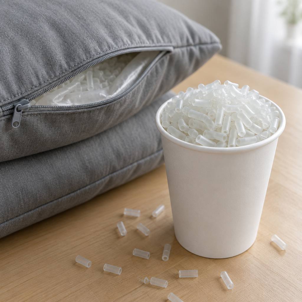 紙コップ1杯分の枕の中材と三段構造の枕