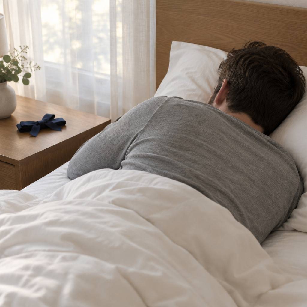 白い枕で横向きに眠る男性の後ろ姿